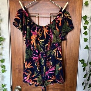 Tropical Floral Off-Shoulder Flowy Ruffle Tie-Front Resort Blouse Navy | 3X